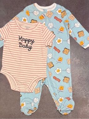 Breakfast Print Footed Sleeper & Happy Baby Striped Onesie | Cozy 2pc Set